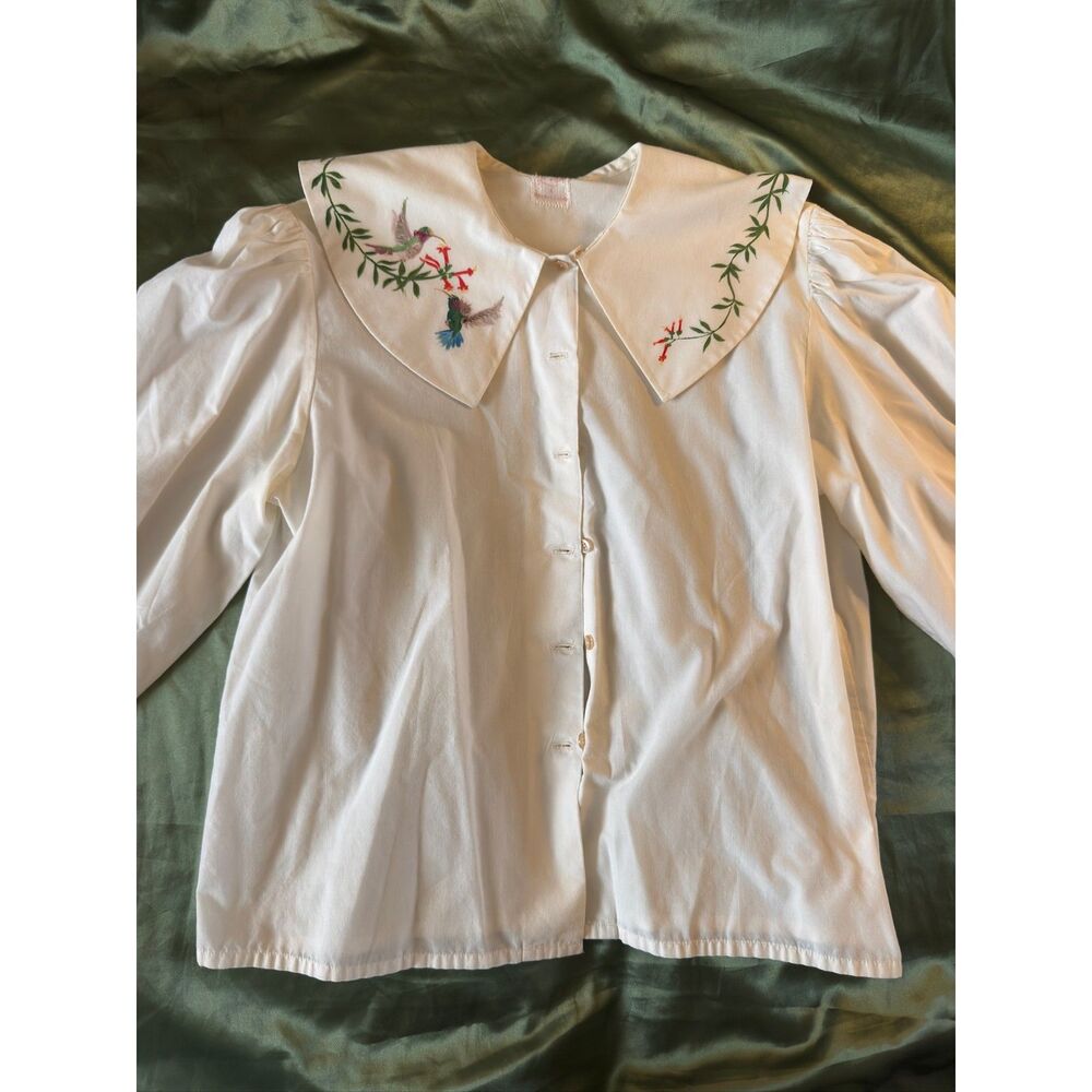 Vintage 1980s A Painter’s Palette Wearable Art Blouse Whimsical Hummingbird